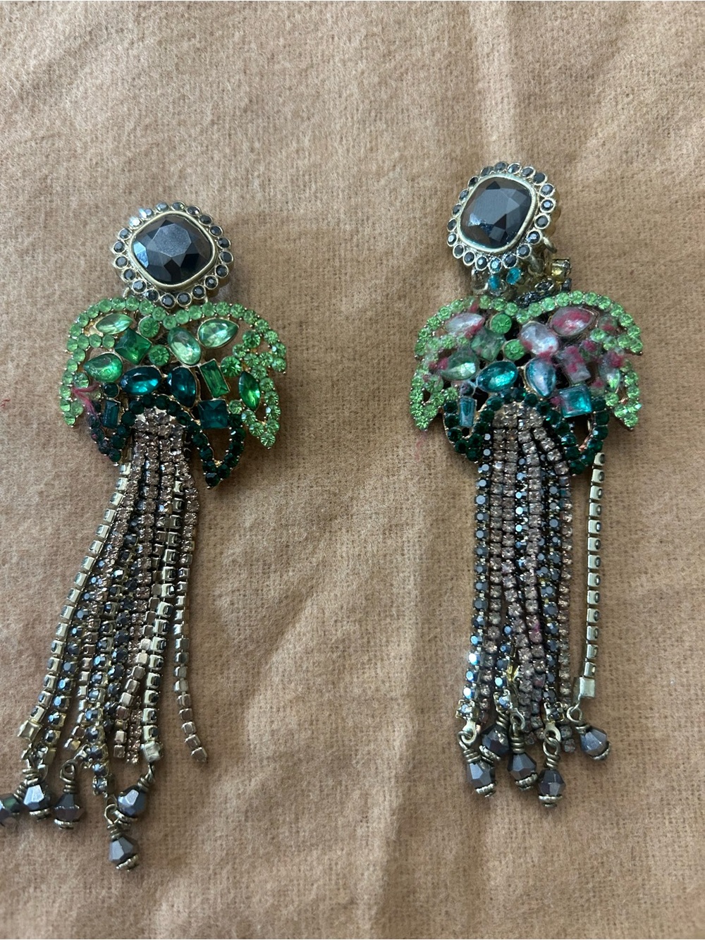 Heidi Daus Green Multicolor Crystal Tassel Statement Earrings